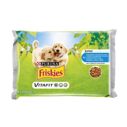 Friskies Dog 4x100g Junior Csirke + Borsó aszpikban Alutasakos kutyaeledel