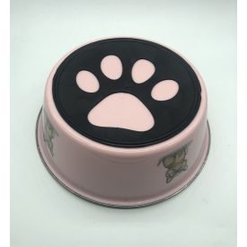   Etetőtál - rózsaszín, fém, különböző mintával, tappancsos gumi talppal 22cm 1500ml