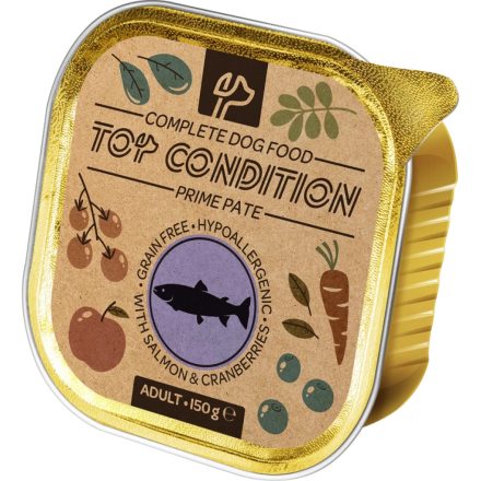 Top Condition pate Gabonamentes Hipoallergén Alutálcás kutyaeledel 150g Lazaccal és Áfonyával