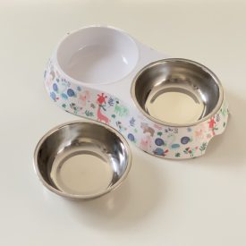   Masszív falú, fém betétes, DUPLA műanyag tál - 25x14cm 2x150ml - színes állatmintákkal